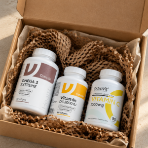 Isa heaolupakk oomega-3 ning D3- ja C-vitamiiniga avatud kinkekarbis